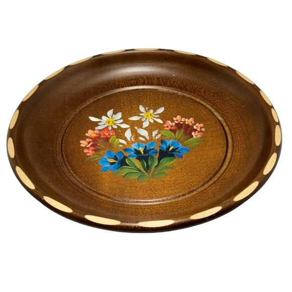 Vtg Boho Swiss Hand-Painted Floral Flowers Toole Design Wooded Dish 7" MCM Tray - Picture 1 of 9